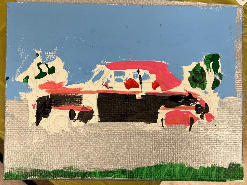 A colorful abstract painting of a house with a blue sky, green trees, and a green lawn.