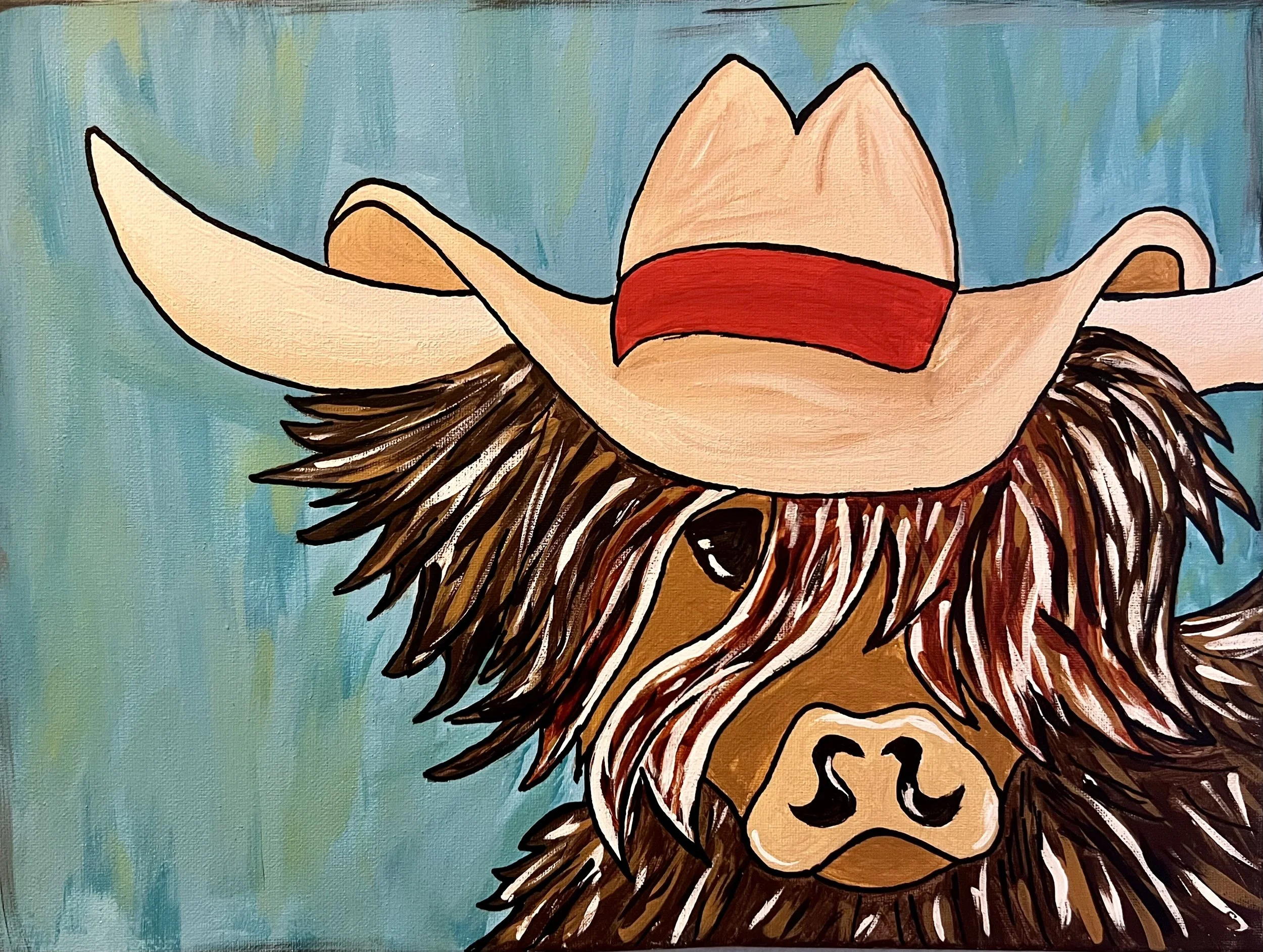 Painting of a Highland cow wearing a cowboy hat with a red band, set against a blue and green background.