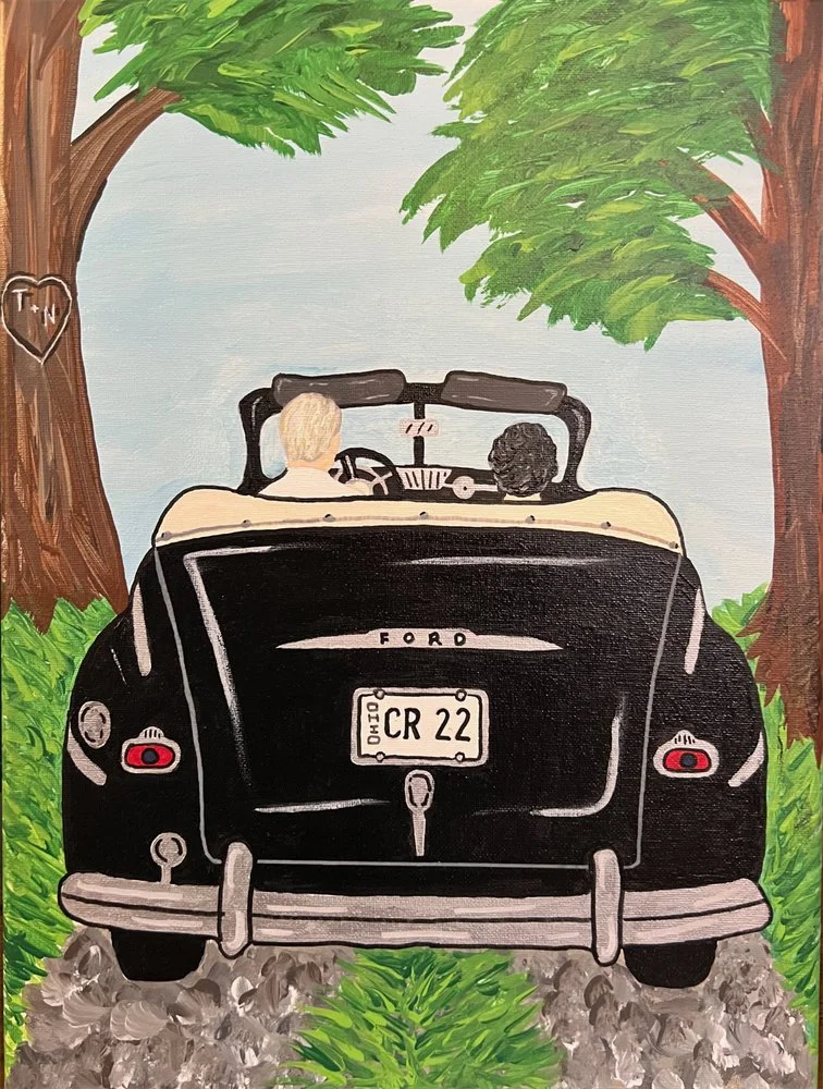A painting of two people with blonde and black hair sitting in a black vintage Ford convertible car, driving along a gravel road surrounded by green trees and foliage. The car has Ohio license plates reading "CR 22" and a small heart with "T + N" carved into a tree on the left side.