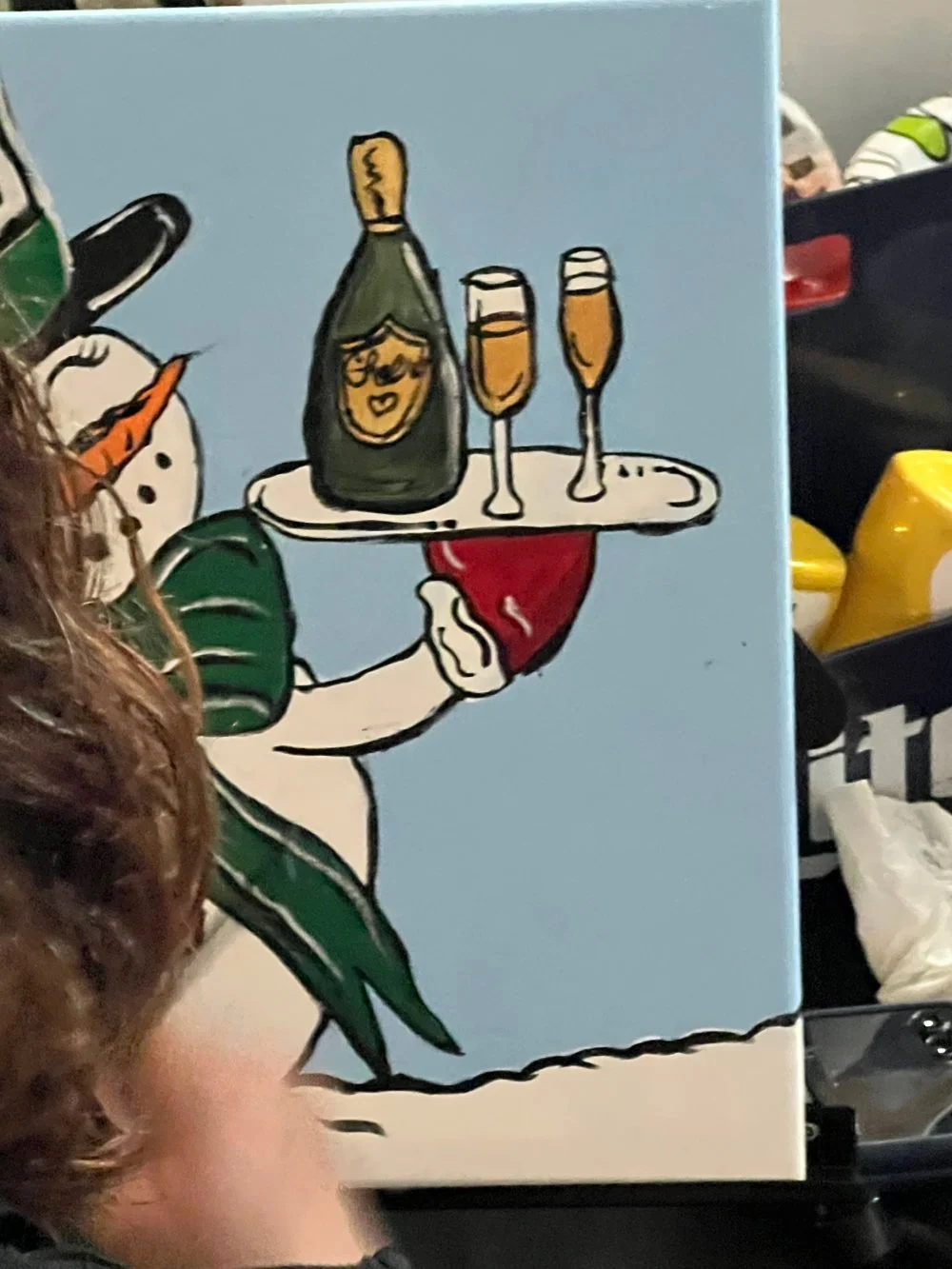Illustration of a woman holding a tray with a champagne bottle wearing a face mask, and two glasses of champagne, on a blue background.