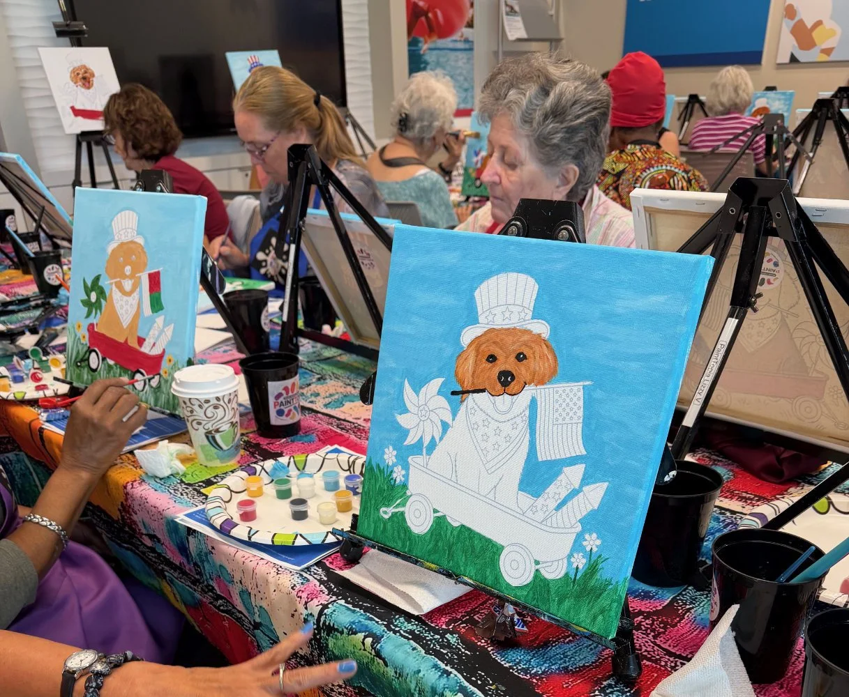 People participating in a painting class, creating pictures of a dog dressed as a chef in a cart, with art supplies on the table.