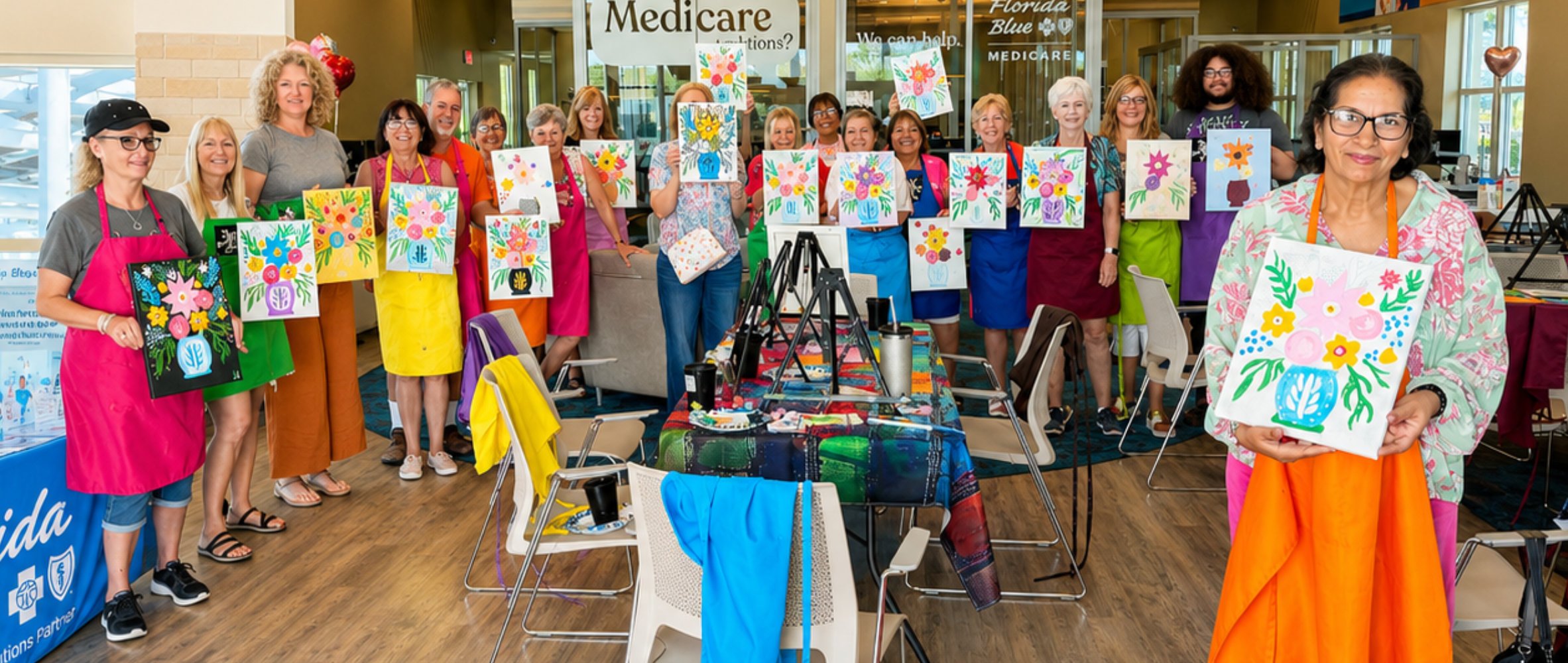Group of women and men in a room holding colorful floral paintings, with art supplies and easels on a table in front, celebrating a painting event.