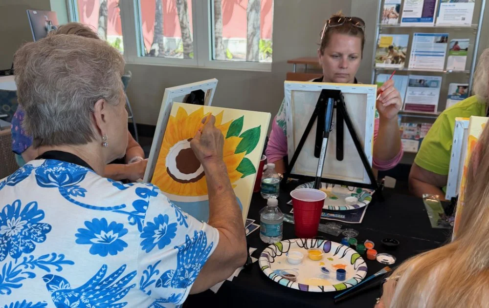 Group of women participating in a painting class, with one woman painting a sunflower on a canvas.