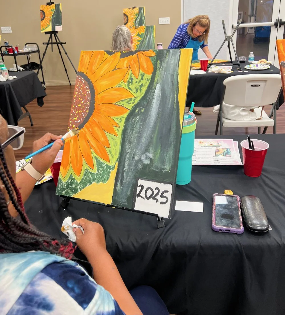 A woman painting a sunflower on a canvas at a group painting event, with the number 2025 on the table in front of her.