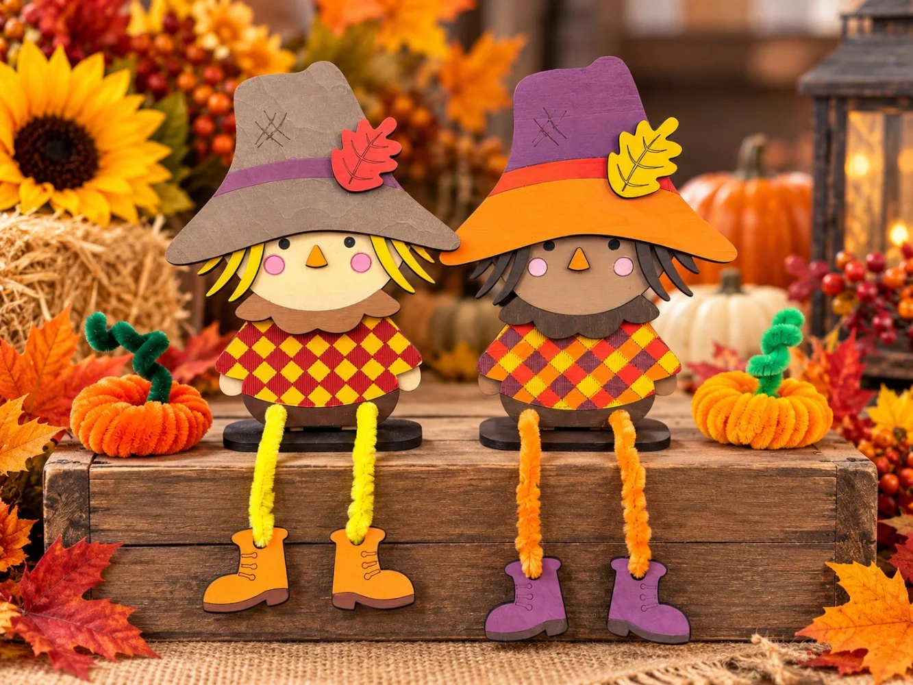 Decorative fall-themed scarecrow figures with hats, pipe cleaner legs, and plaid dresses, surrounded by pumpkins, autumn leaves, sunflowers, and a lantern.