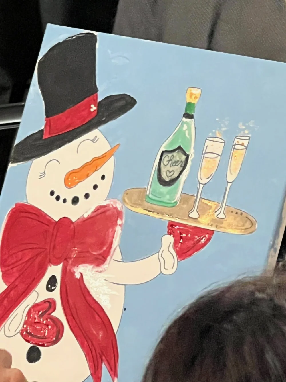 Drawing of a cheerful snowman wearing a black top hat with a red band, an orange carrot nose, and a red bowtie, holding a tray with a bottle of champagne labeled "Cheers" and two glasses of champagne.