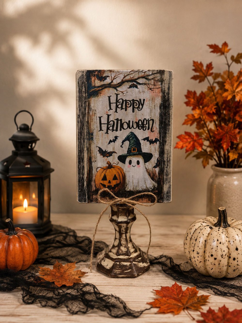 Decorative Halloween display with a haunted sign, pumpkins, autumn leaves, a candle, and a lantern on a wooden surface.