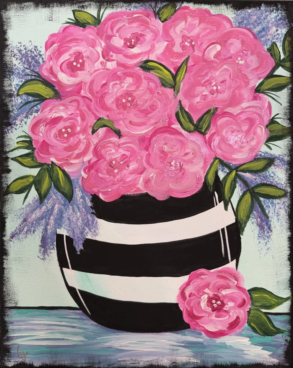 Painting of a black and white striped vase filled with pink roses and green leaves, with some flowers spilling out of the vase, on a light blue background.