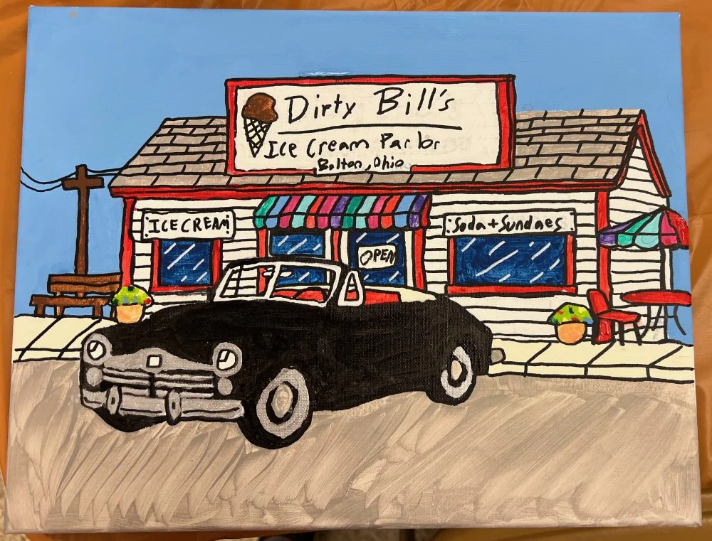 A colorful drawing of Dirty Bill's Ice Cream Parlor in Cleveland, Ohio. The building has a striped awning, flower pots, a car parked outside, and signs advertising ice cream and sodas. The sky is blue.