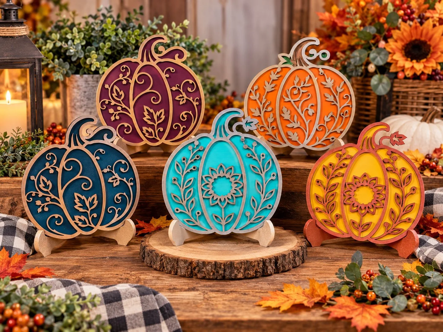 Colorful pumpkin-shaped decorative lights with intricate cut-out floral and leaf patterns displayed on a wooden table surrounded by autumn leaves and foliage, with a background of autumn-themed decorations including sunflowers, pumpkins, and a lantern.
