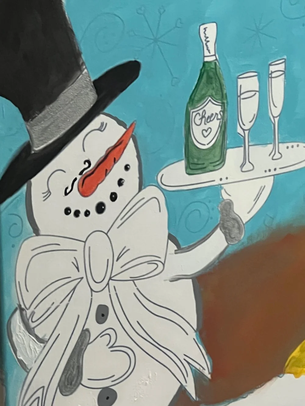 Drawing of a snowman wearing a black top hat, with a red nose, black eyes, and a bow tie, holding a tray of champagne bottle labeled 'Cheers' and two champagne glasses. The background is blue with snowflakes.