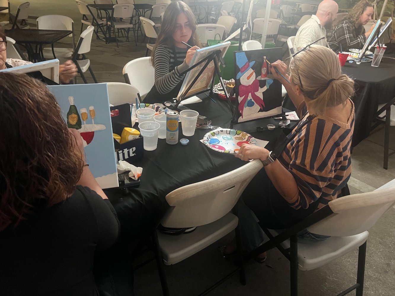 People sitting at a table painting holiday-themed pictures, including a snowman, at a social event or party.