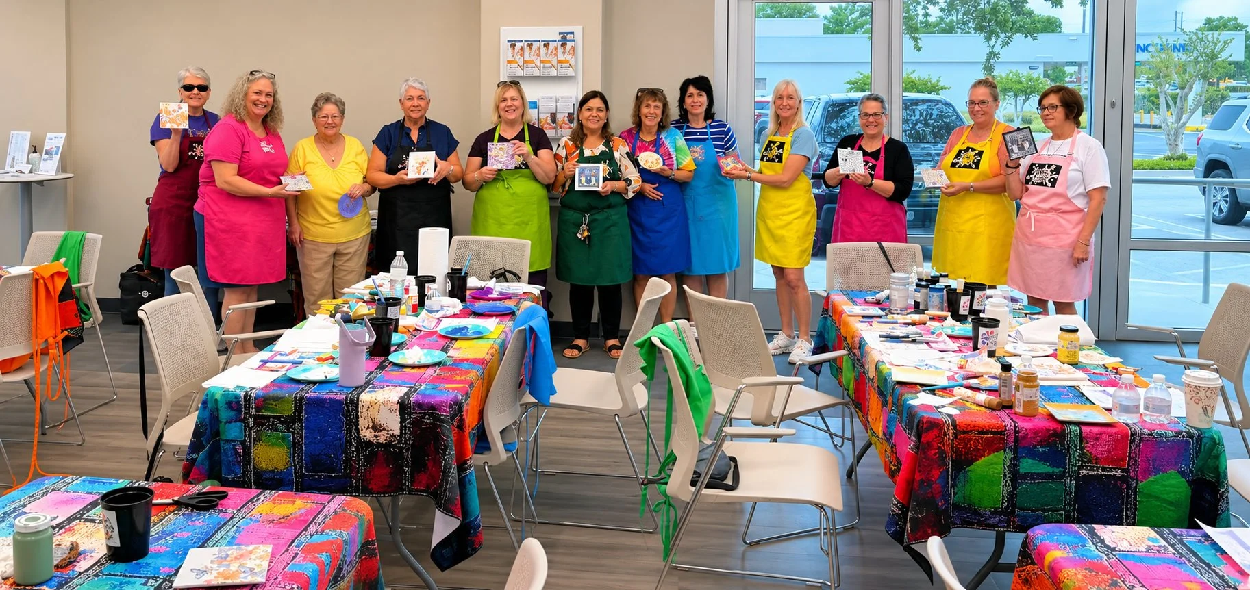 A group of women standing in a craft room, wearing colorful aprons, holding up decorated canvases and artwork, with tables covered in colorful supplies and artwork in front of large windows.
