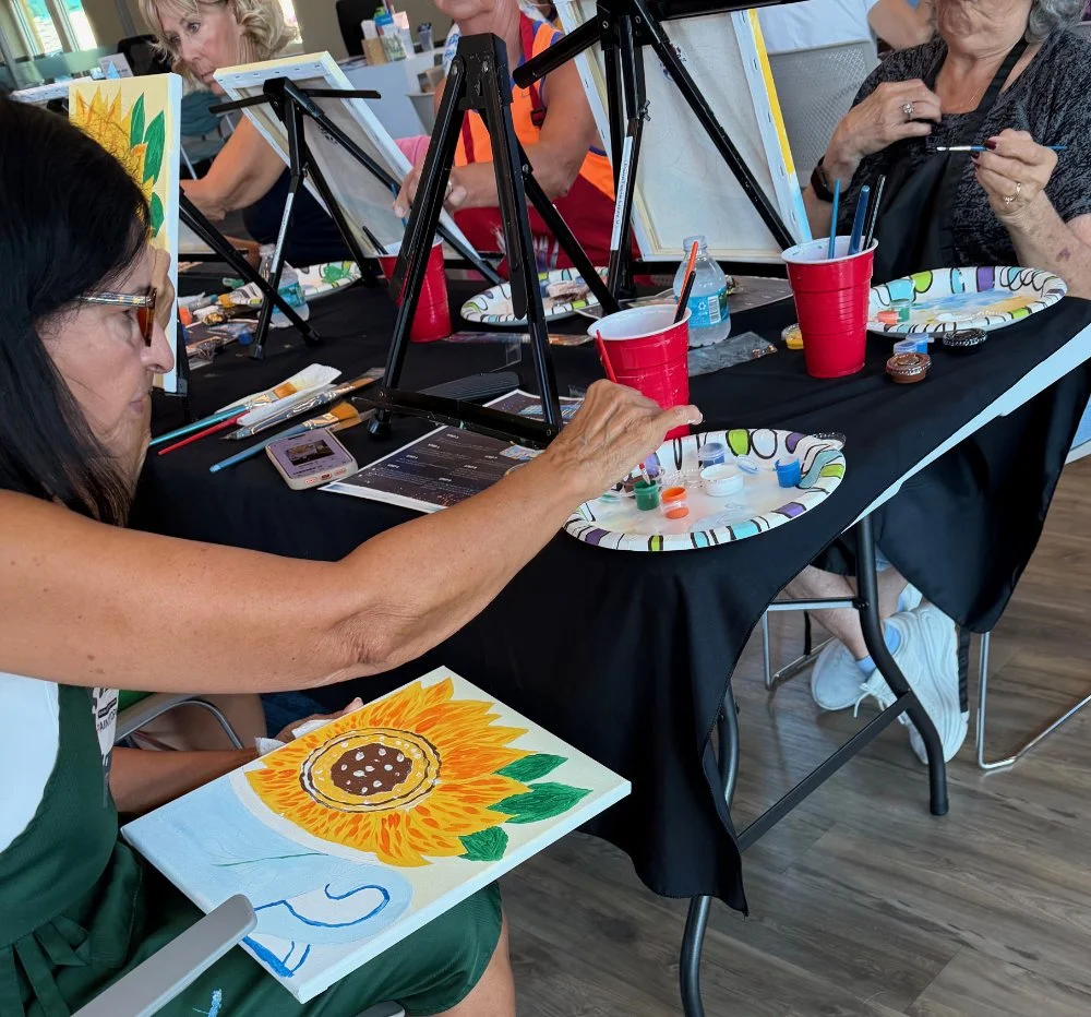 Group of women painting sunflower art at a painting class with watercolors and easels.