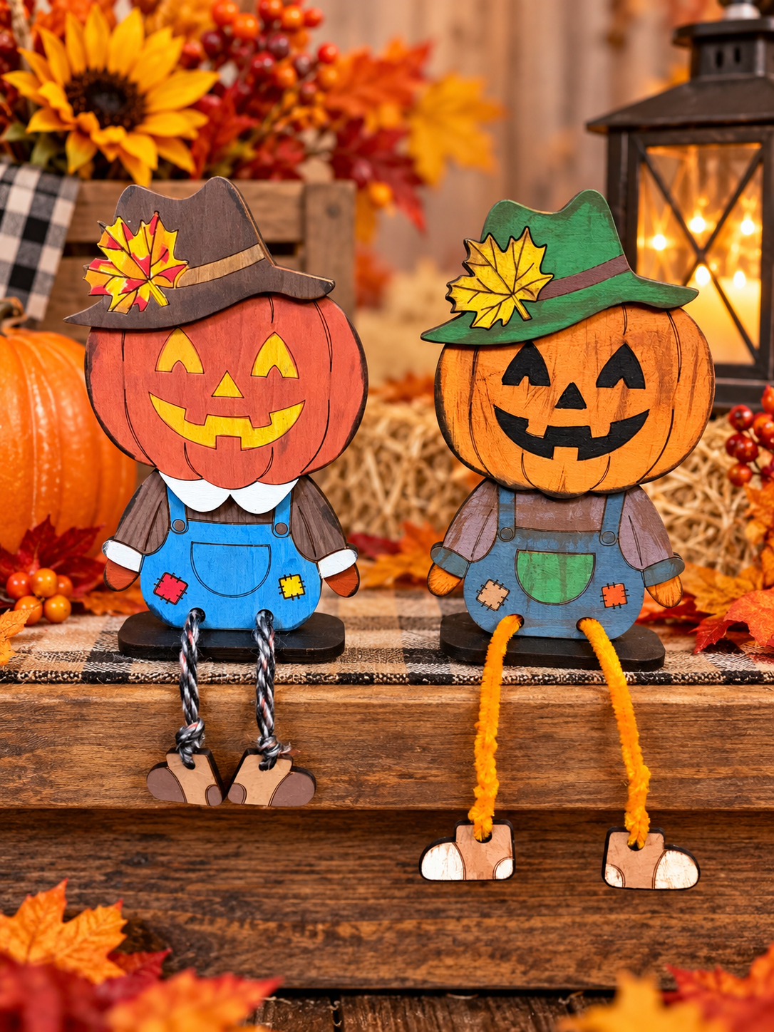 Decorative fall scene featuring two wooden pumpkin decorations with jack-o'-lantern faces, dressed in overalls and hats with autumn leaves. Fall pumpkins, leaves, and a lantern add to the seasonal display.