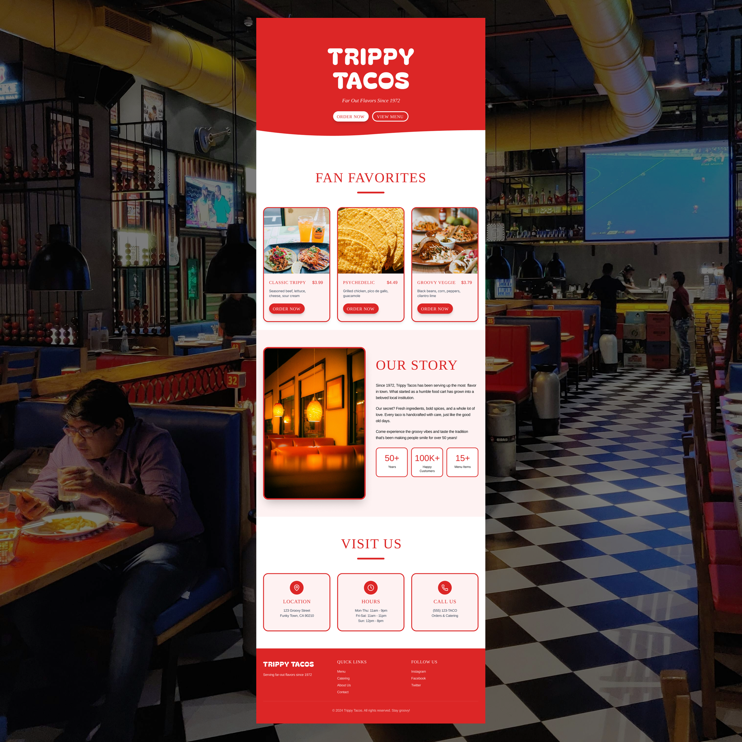 UX and visual design for Trippy Tacos featuring a playful layout, colorful typography, and restaurant branding.