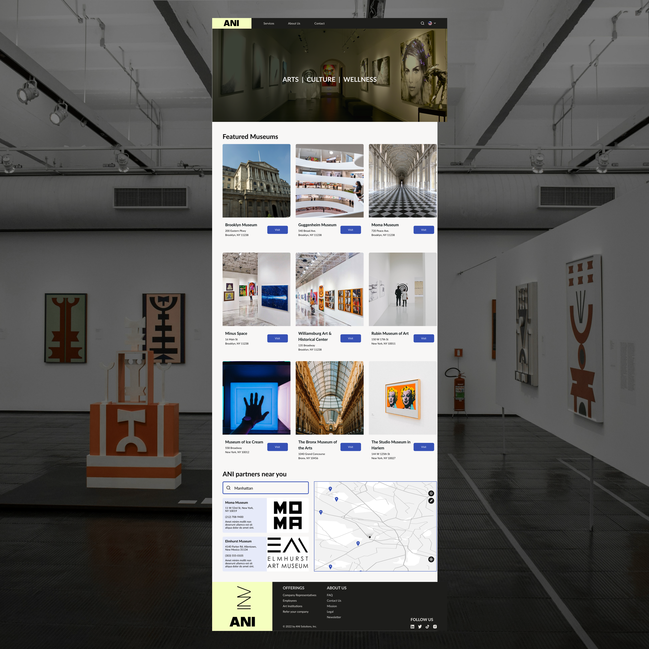 A webpage for an art, culture, and wellness organization called ANI, displayed on a transparent screen inside an art gallery. The webpage features images of museums and art exhibits, including Brooklyn Museum, Guggenheim Museum, and others, with options to visit. It also shows a section for ANI partners near the user, with logos and a map of partner locations.