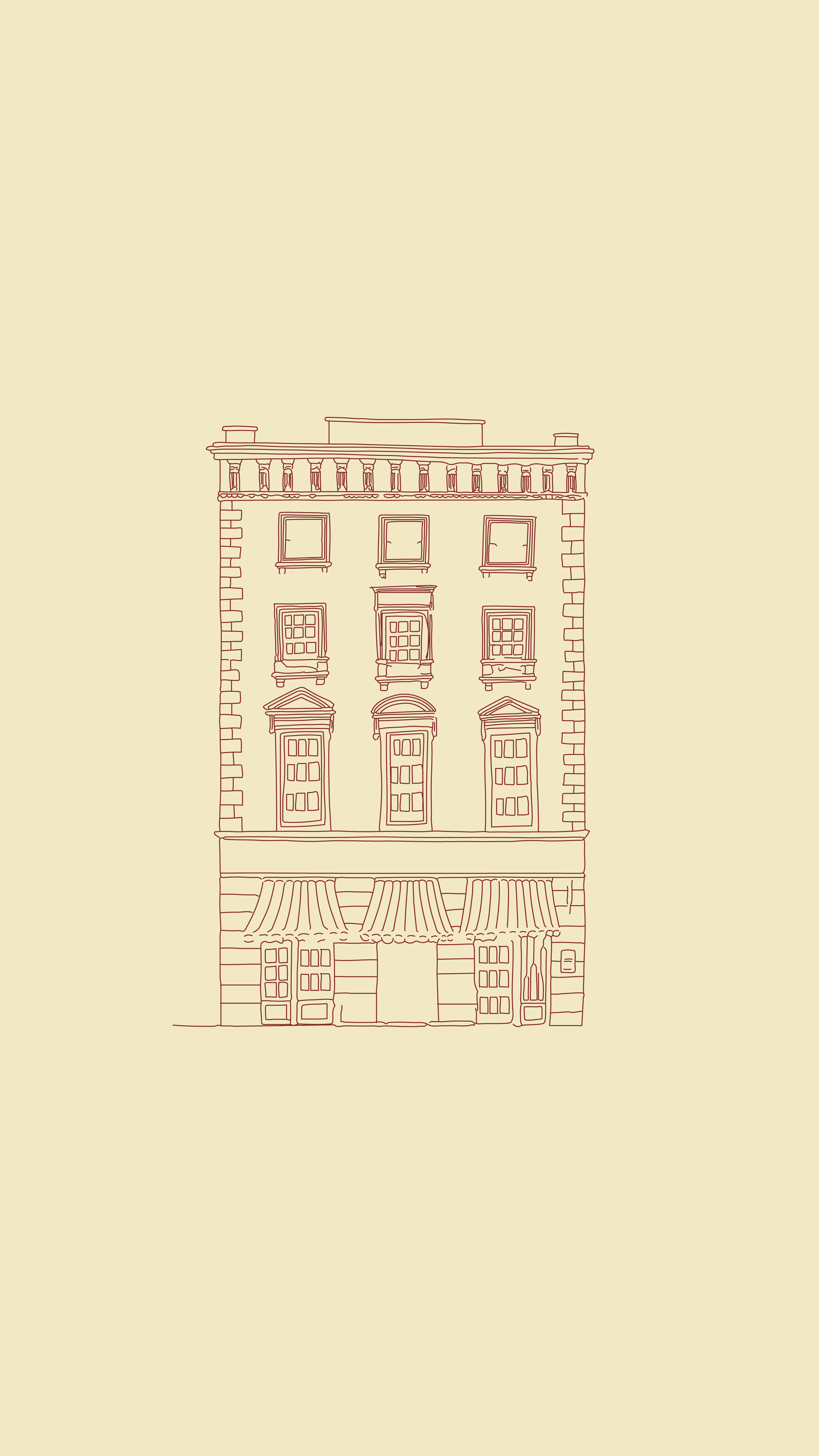 Architectural illustration of a boutique hotel exterior featuring clean lines and warm, minimalist detailing.