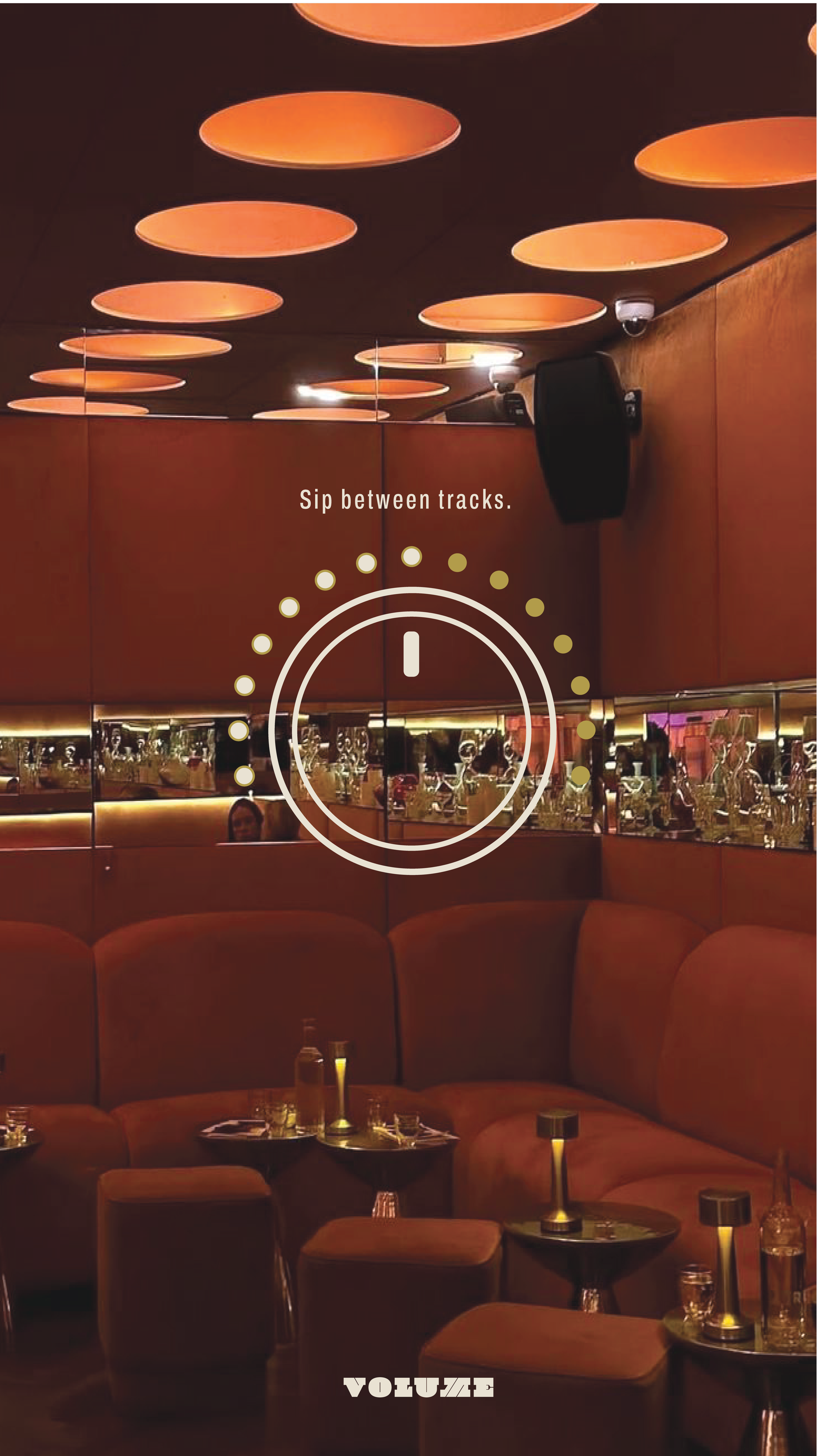 Music-inspired cocktail bar illustration layered over a dimly lit interior with the phrase ‘sip between tracks.'