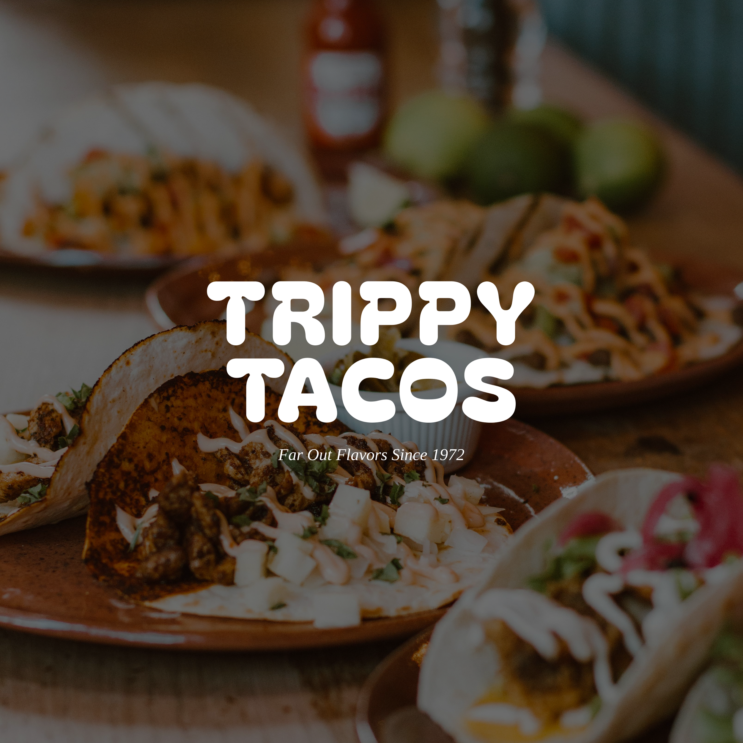 Close-up of a plate of tacos filled with meat, cheese, and toppings, with more tacos and Mexican dishes in the background on a wooden table.