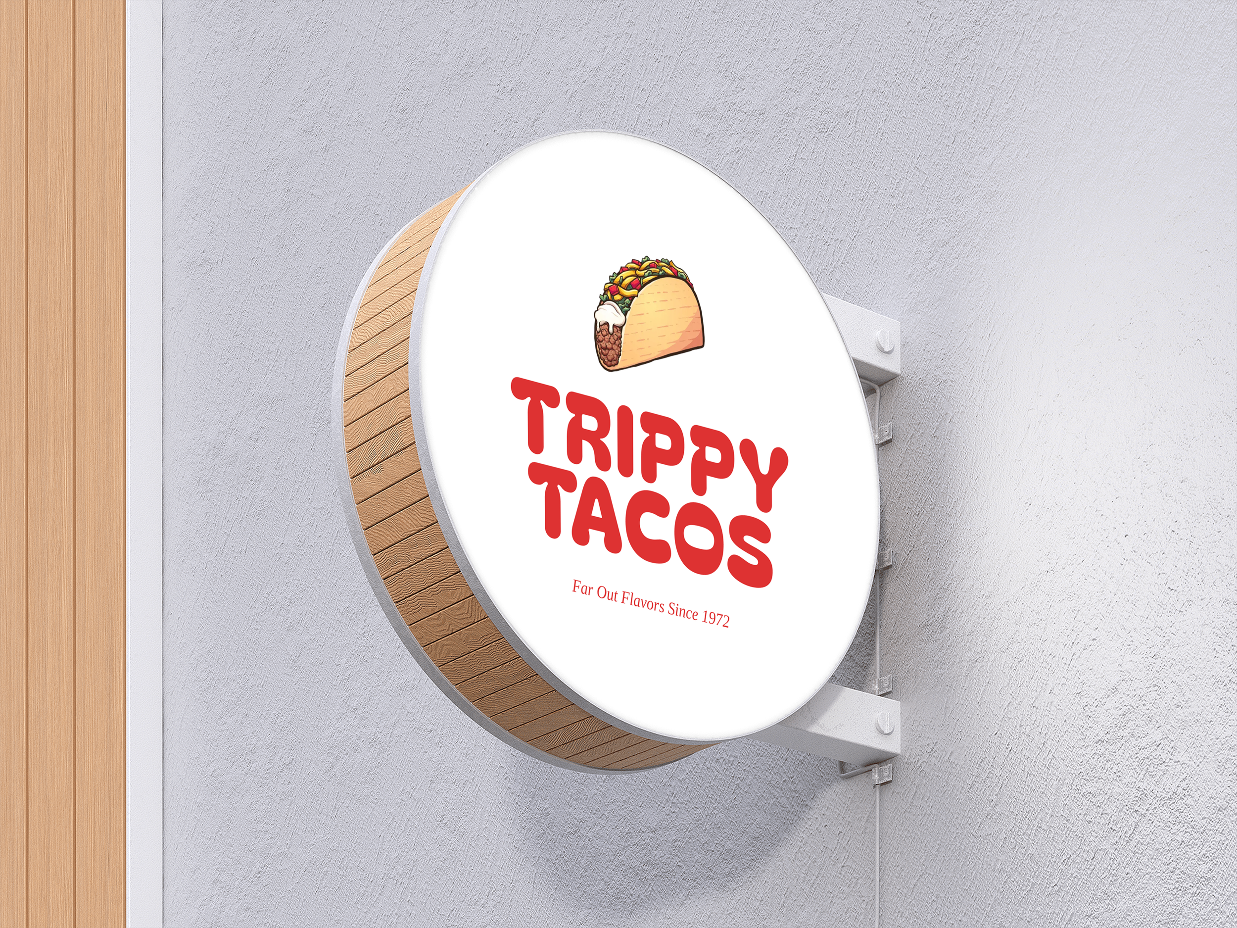 Round illuminated sign for Trippy Tacos with a taco graphic and slogan.