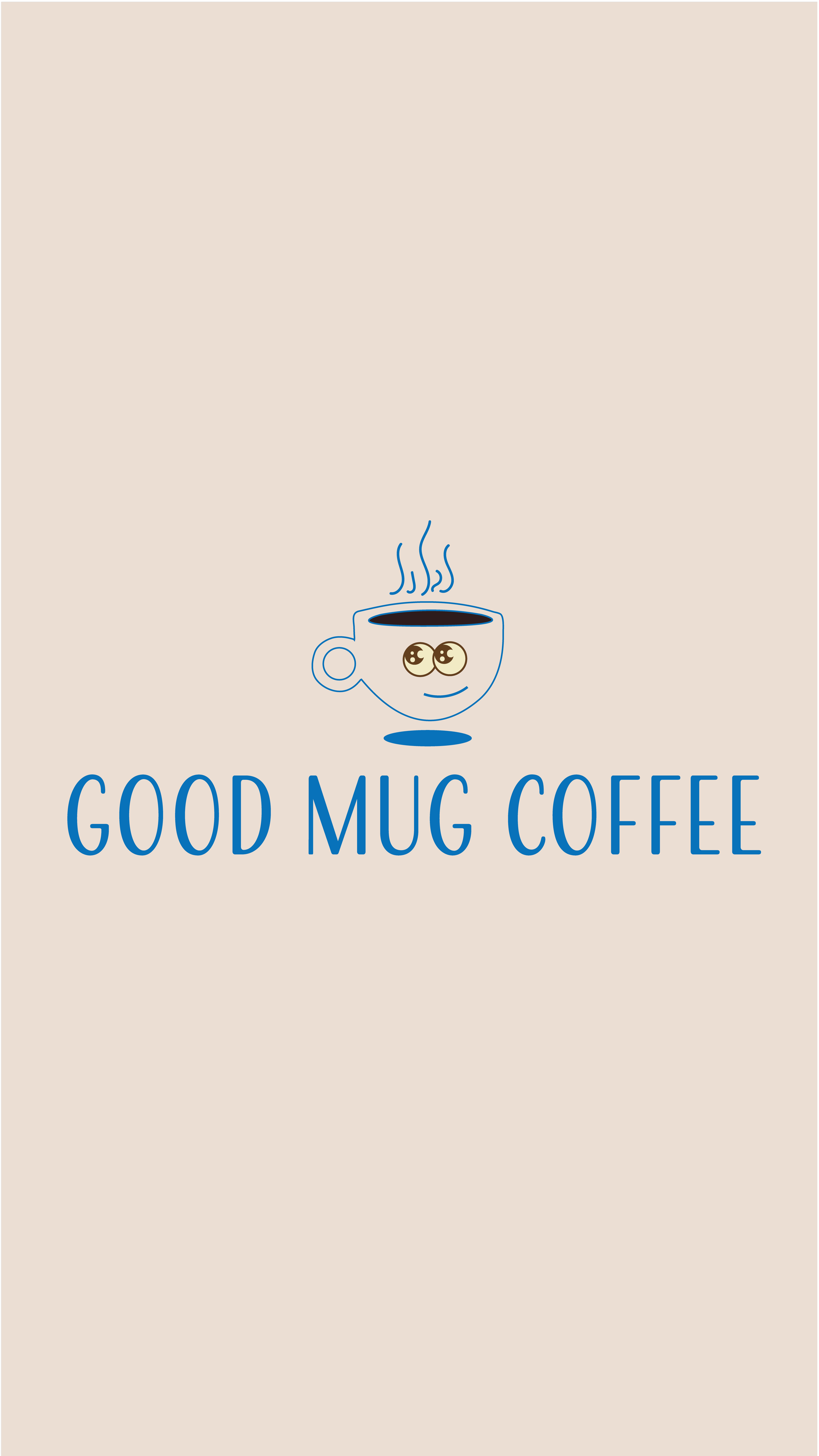 Minimal coffee logo showing a smiling mug with hot coffee and blue lettering that reads ‘Good Mug Coffee.