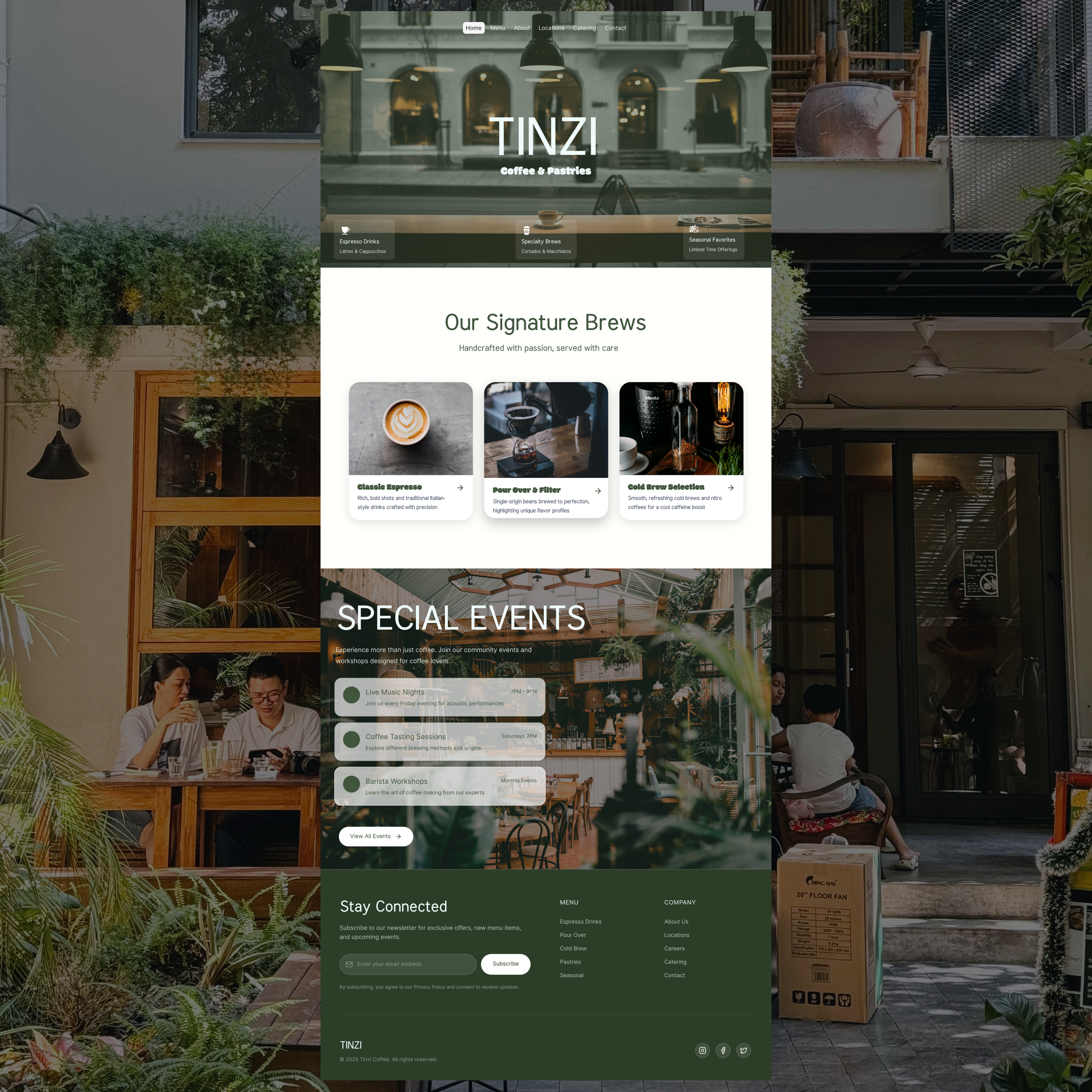 Website homepage for a coffee shop called TINZI, featuring sections on signature brews and special events, with images of coffee drinks and a cozy cafe setting.