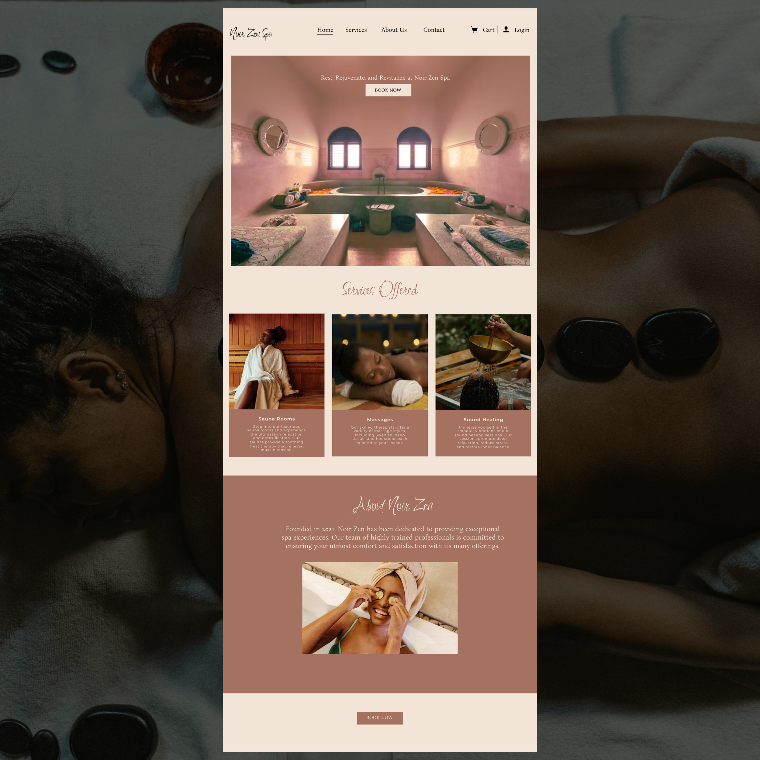 A mobile website for Noir Zen Spa featuring a header with navigation links, a large central image of a spa room with two massage tables, and sections below showcasing spa services such as sauna rooms, massages, and sound healing, as well as an about section with a photo of a smiling woman with a towel on her head.