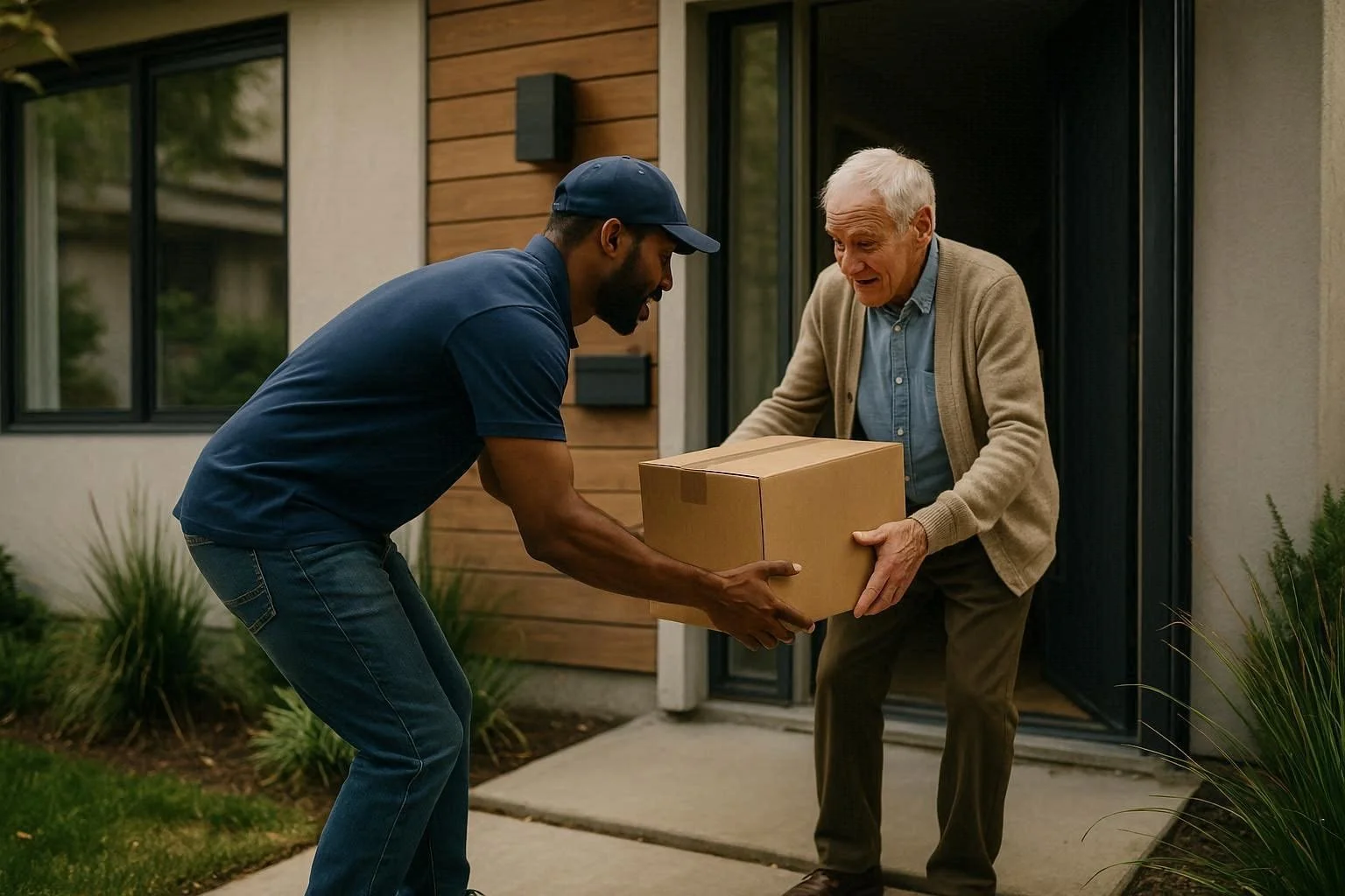A delivery person hands a package to an elderly man at his front door.