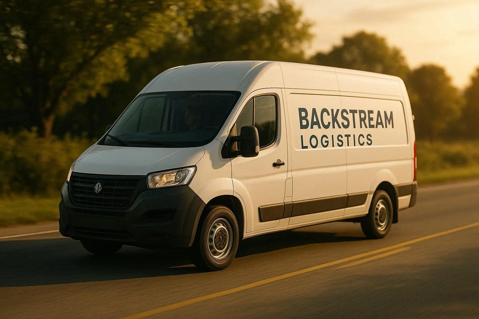 White delivery van with 'Backstream Logistics' lettering on the side, driving on a road at sunset with green trees in the background.