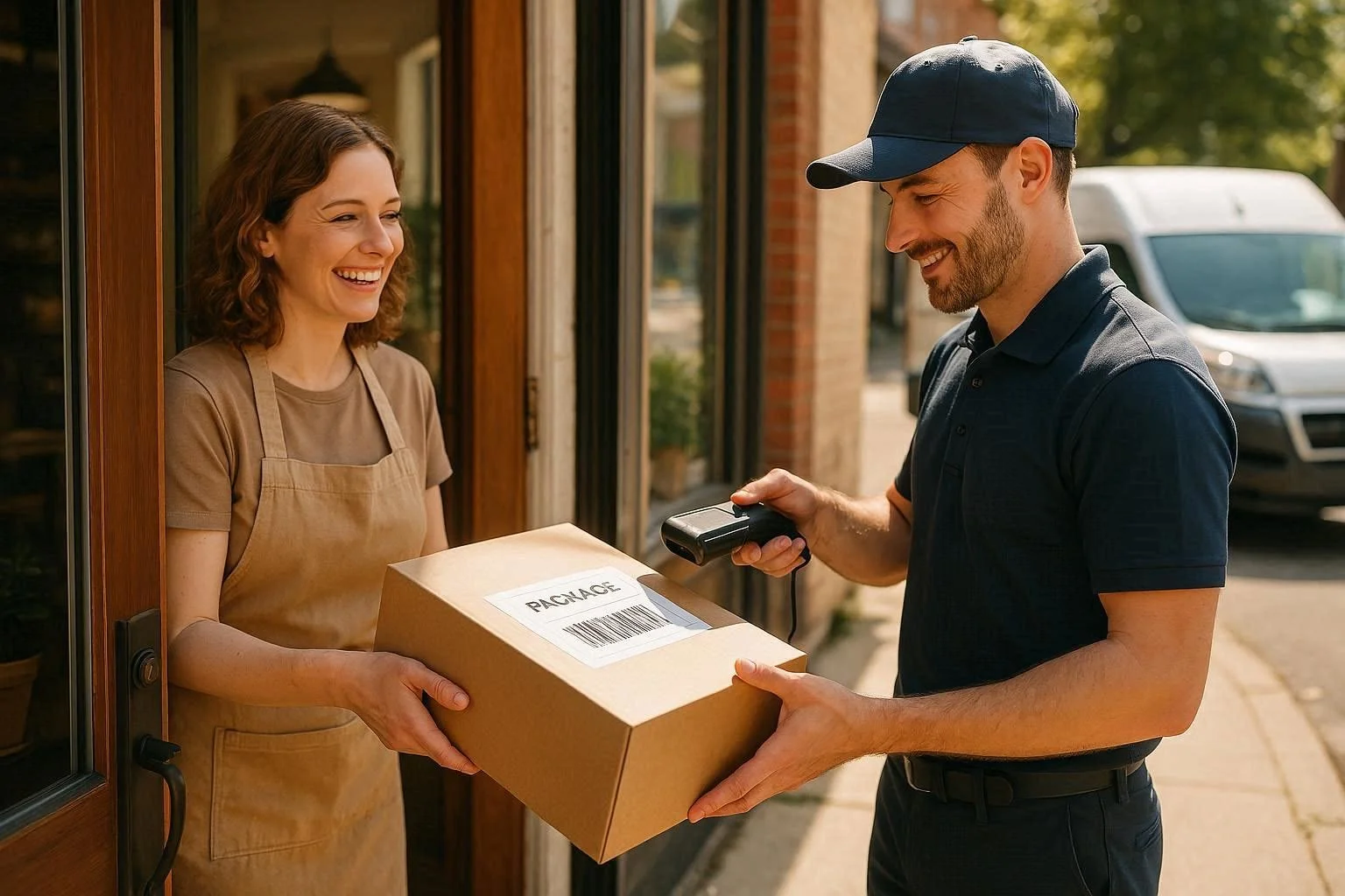 A delivery person hands a package labeled 'PACKAGE' to a smiling woman at her front door, while scanning the package with a handheld device.