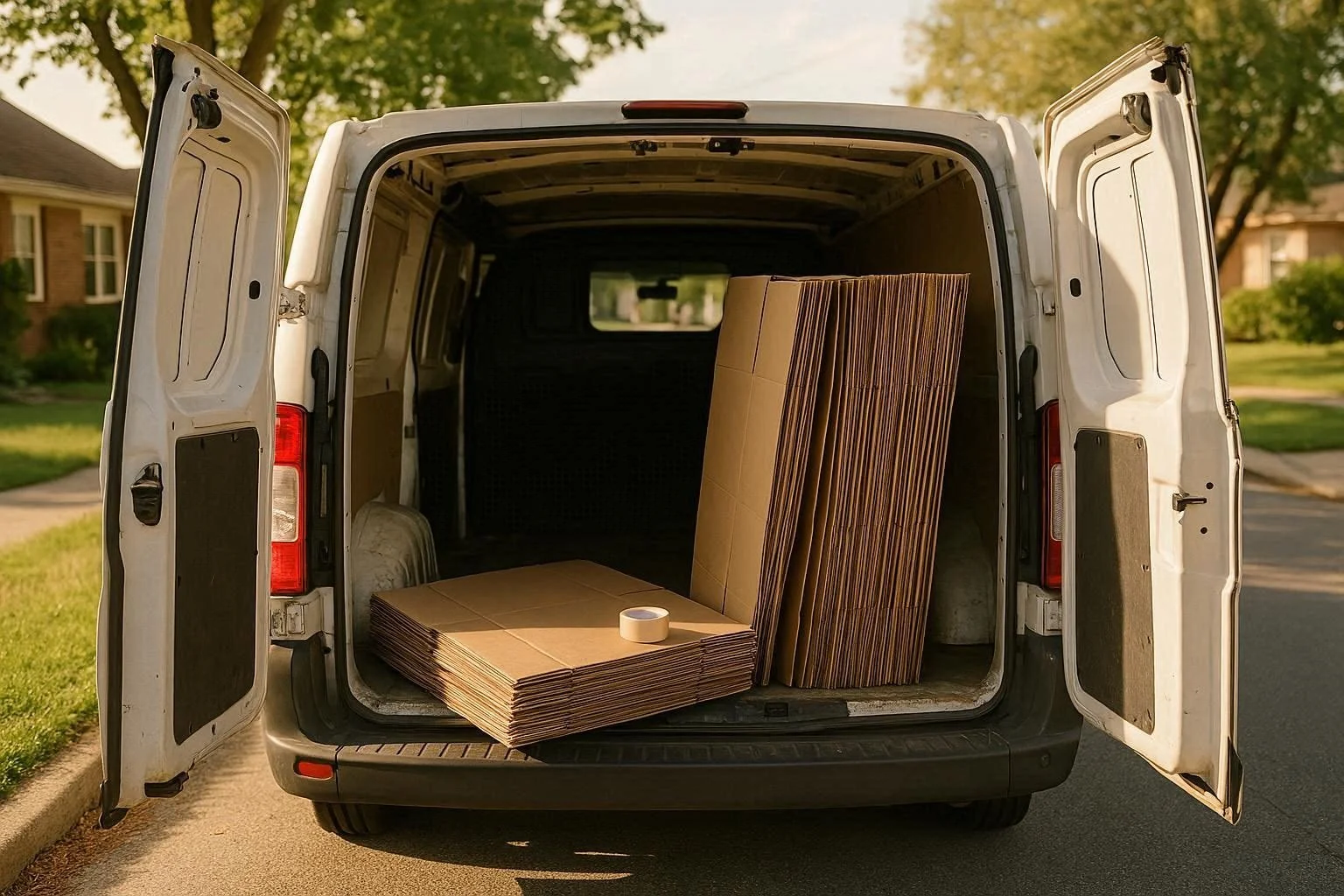 Open cargo van with stacks of flat cardboard sheets inside, parked on a suburban street during daytime.
