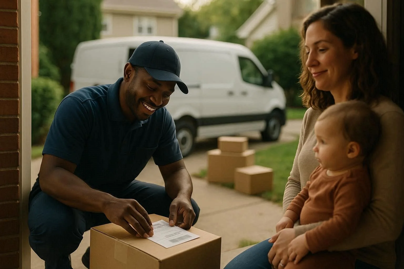 Delivery person handing a package to a woman holding a child, standing outside a house.