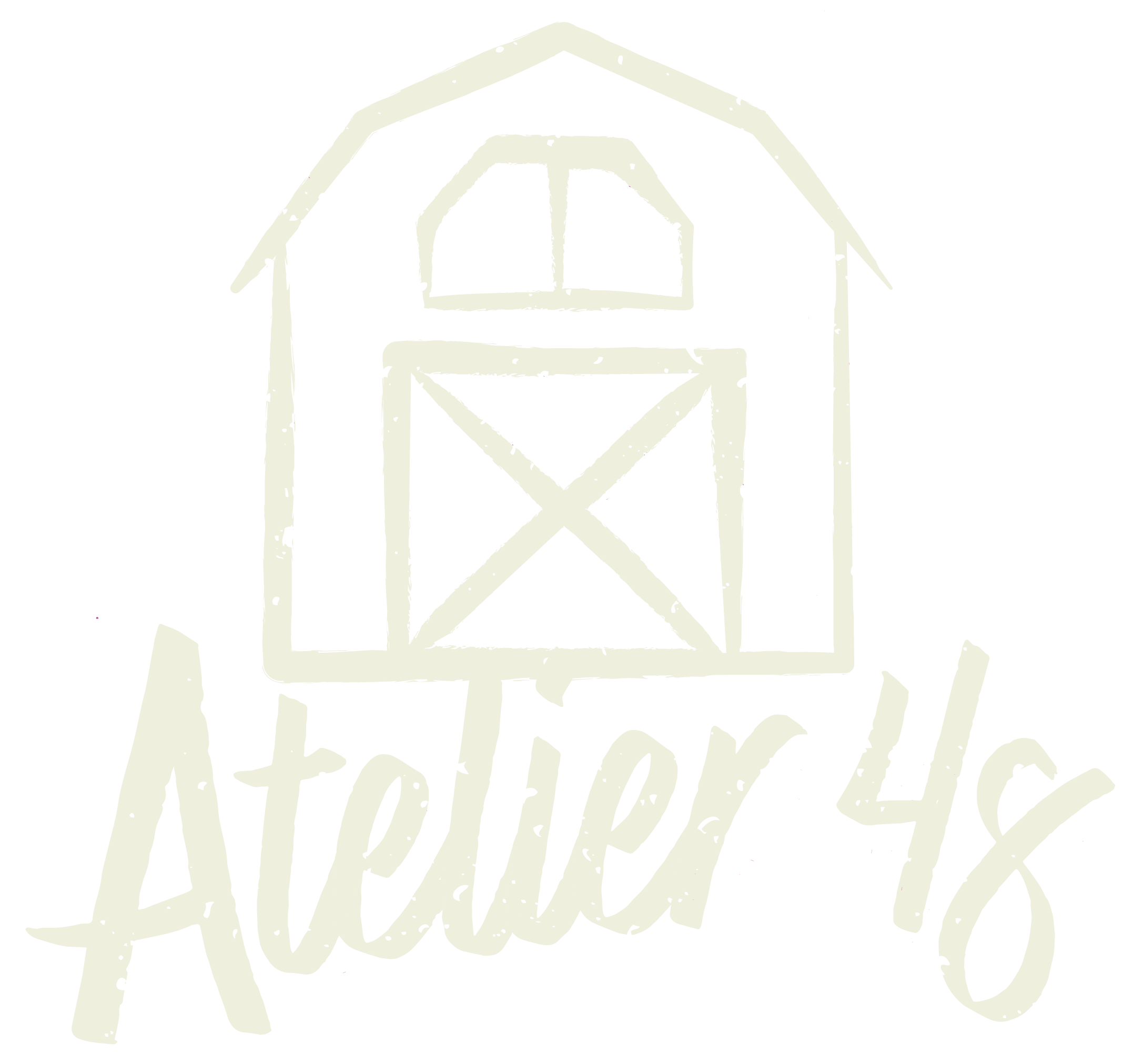 Dessin en blanc-crème d'une grange accompagné du texte "Atelier 48" écrit à la main.