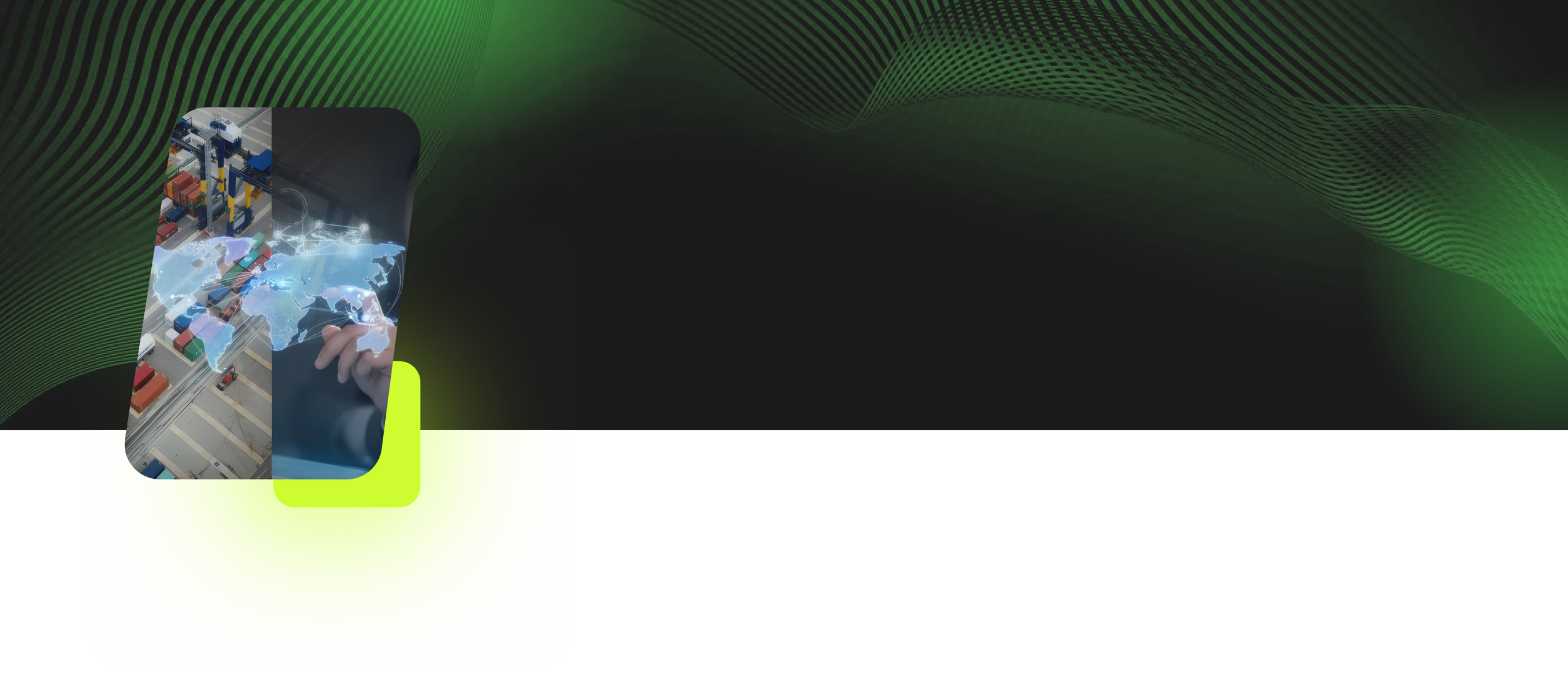 Graphic depicting global trade with a hand pointing to a digital globe overlay, containers, and cargo ships.