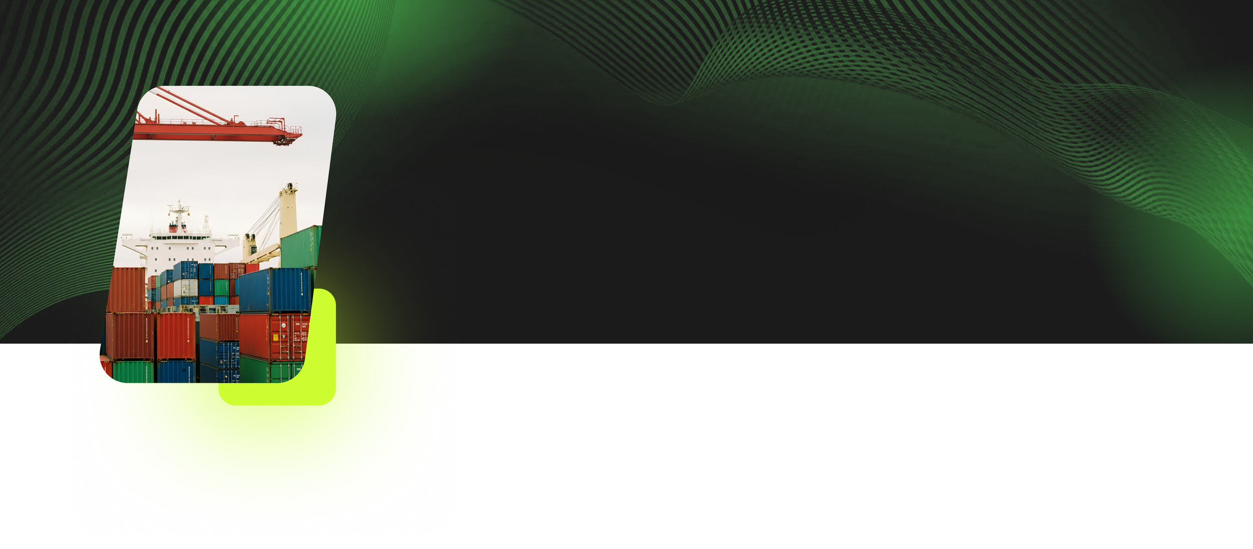 A container ship at a port with multicolored shipping containers and a red crane