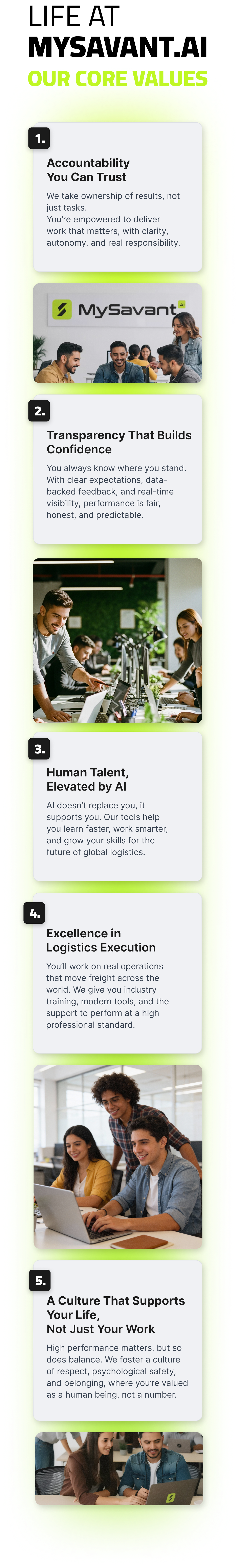 A vertical infographic listing five core values for a company. The values include Accountability, Transparency, Human Talent supported by AI, Excellence in Logistics, and a Culture Supporting Life and Work Balance. Each point has a brief description and images of diverse groups of people working and collaborating.