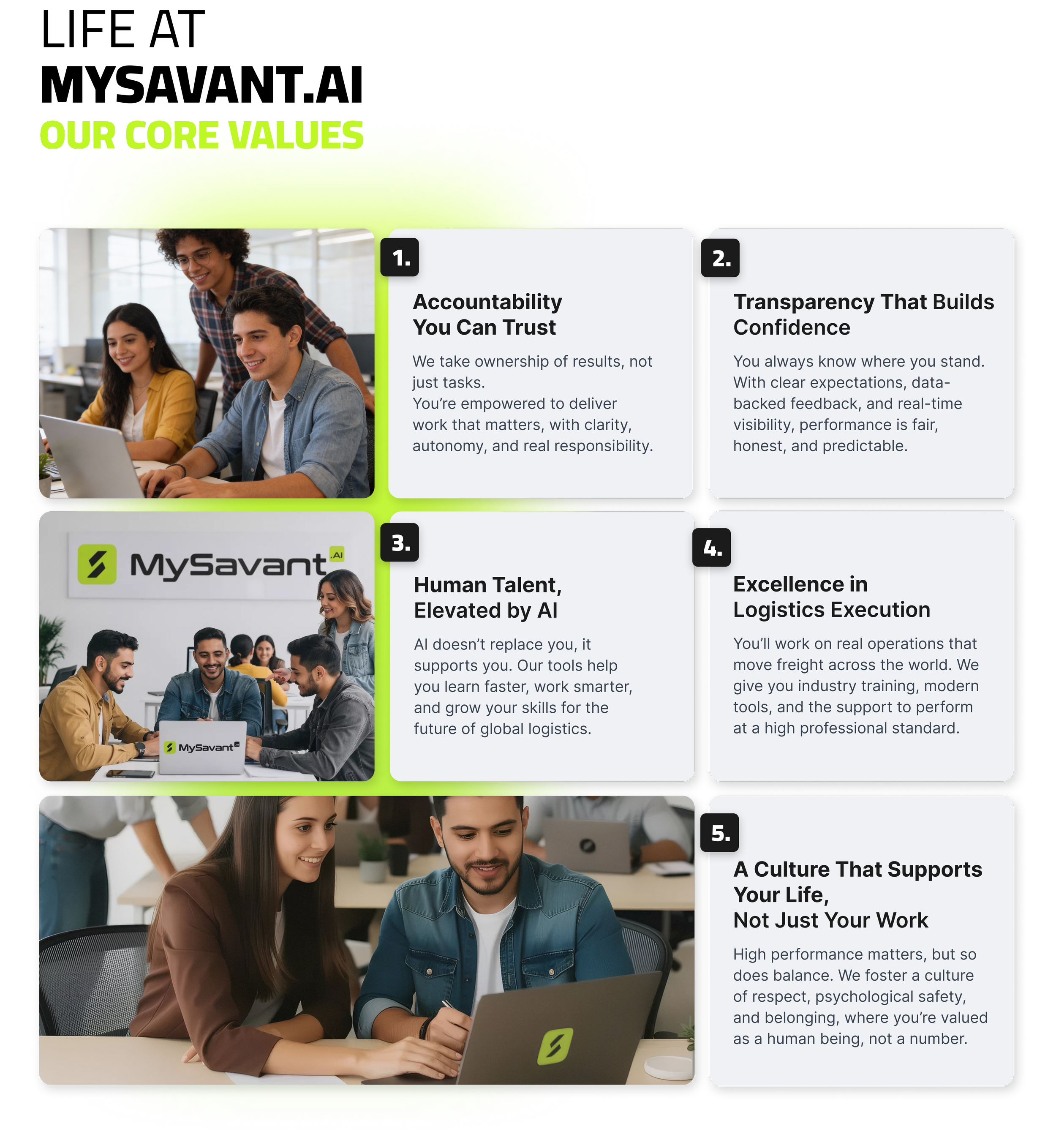 A presentation slide titled "Our Core Values"Features five core values with descriptions and images. 1. Accountability you can trust, showing three people working on a laptop. 2. Transparency that builds confidence, with text only. 3. Human talent, elevated by AI, with an image of a group discussing around a laptop. 4. Excellence in logistics execution, with text only. 5. A culture that supports your life, not just your work, with an image of two people working on a laptop smiling.