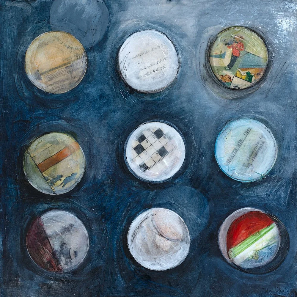 "Pineapple Pie," Acrylic, beeswax and collage on panel, 12 x 12 inches, sold