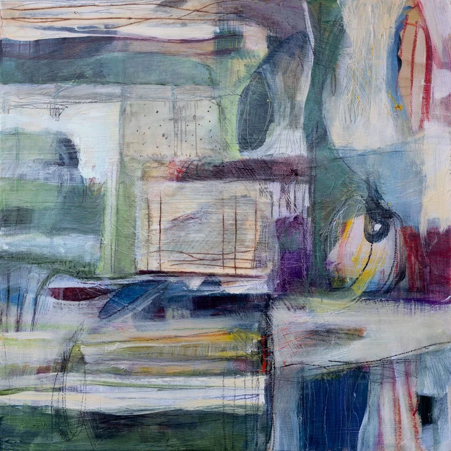 "Mala," Acrylic, beeswax and collage on cradled wood panel, 20 x 20 inches