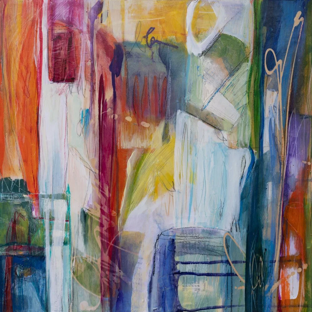 "15# Sugar," Acrylic, beeswax and collage on wood panel in white maple frame, 18 x 18 inches