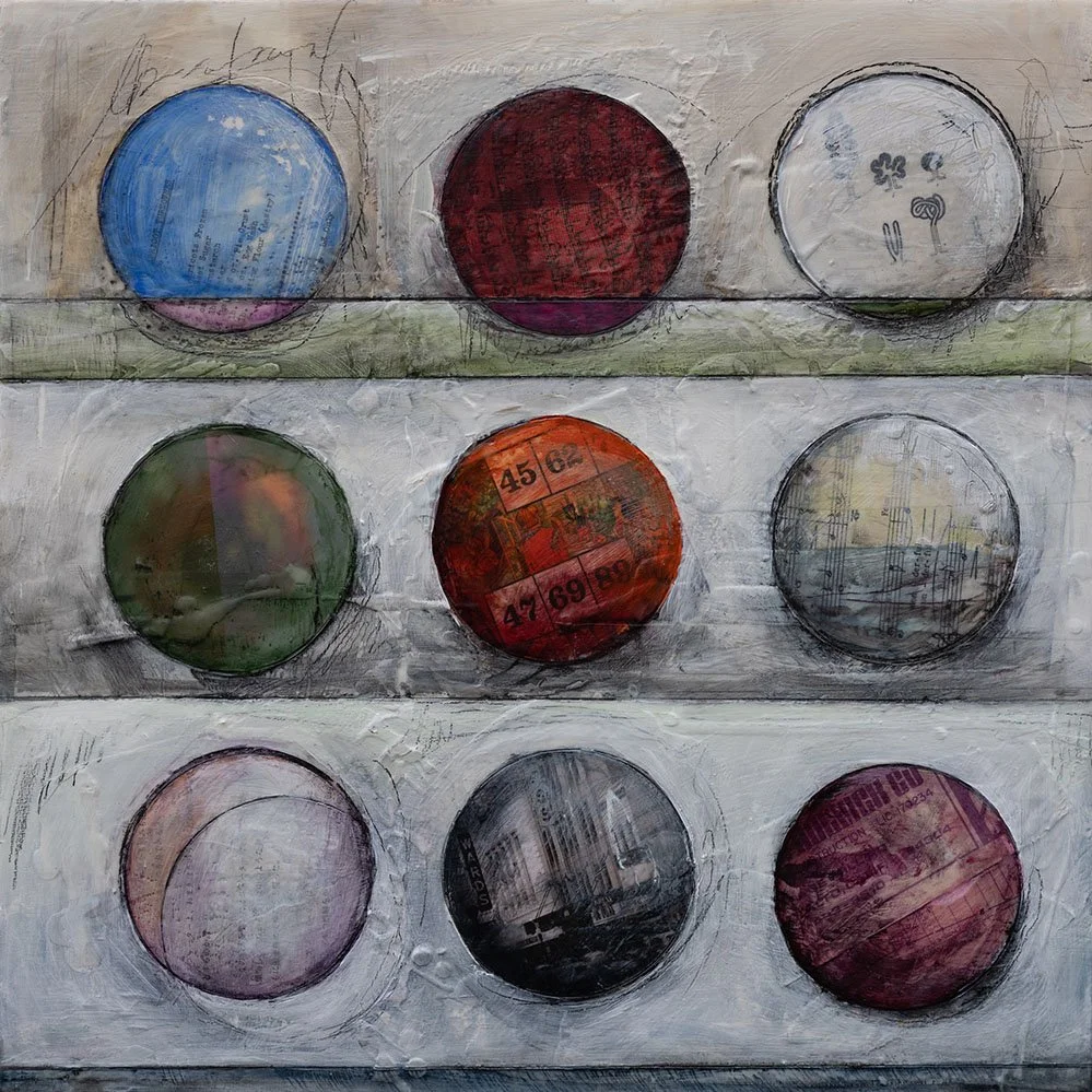 "Apricot Turnover," Acrylic, beeswax and collage on panel, 18 x 18 inches