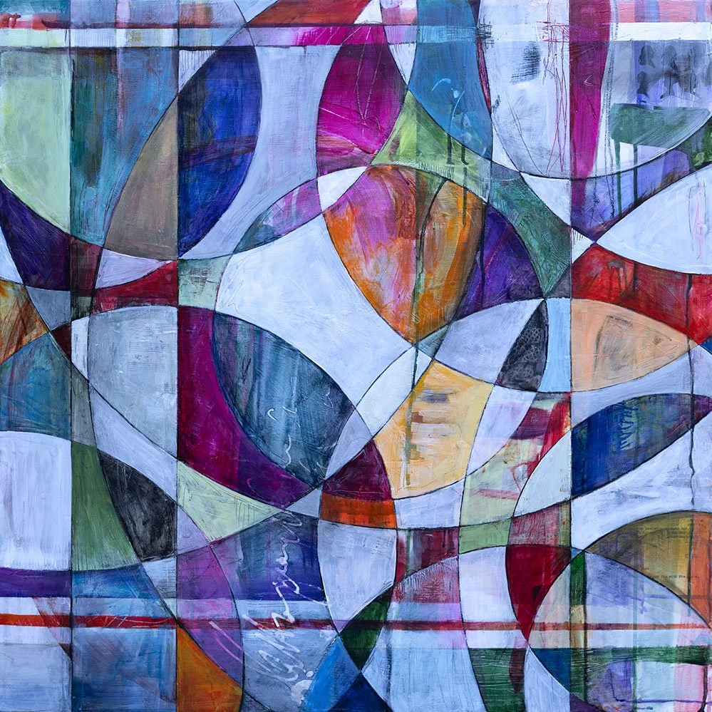 "Pie Plates," Acrylic, beeswax and collage on panel, 30 x 30 inches, sold