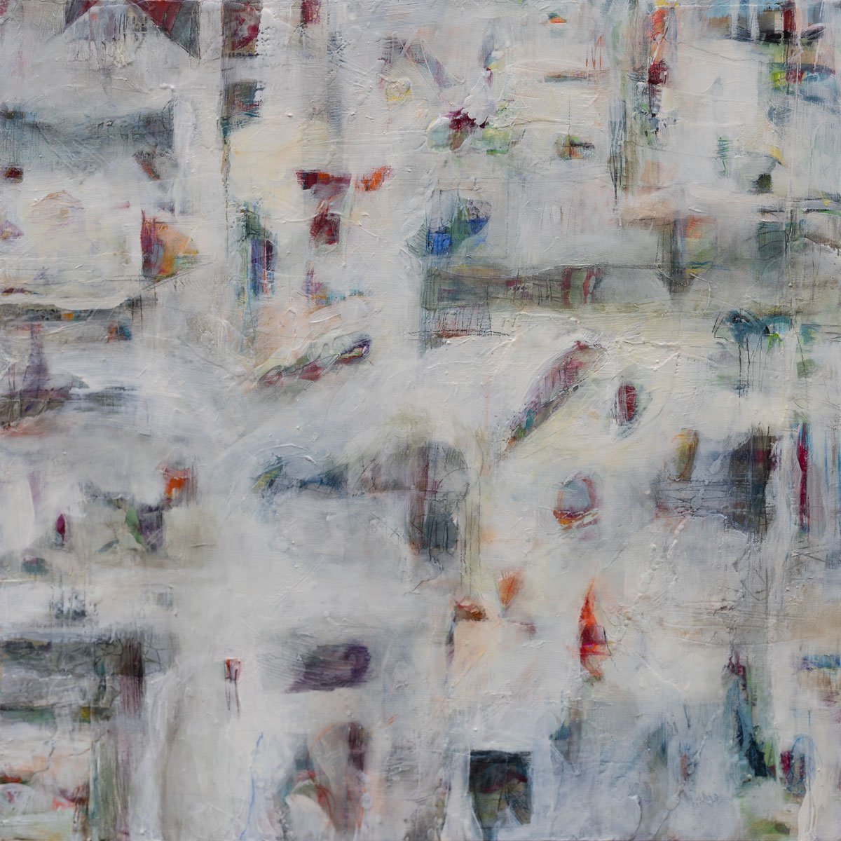 "Nascondere," Acrylic, beeswax and collage on cradled wood panel, 30 x 30 inches