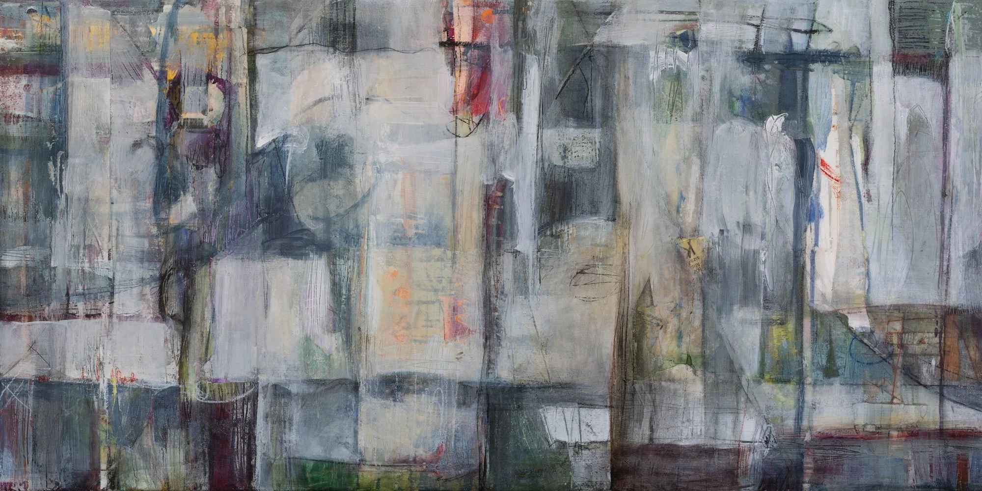 "Di Moda," Acrylic, beeswax and collage on panel, 18 x 36 inches, sold