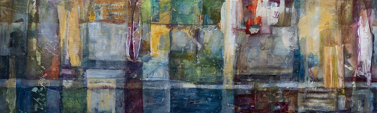"Damaris," Acrylic, beeswax and collage on panel, 18 x 60 inches