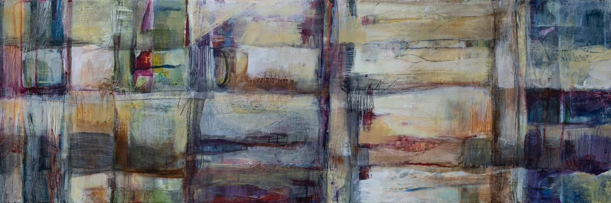"Amiche Tenute," Acrylic, beeswax and collage on panel, 12 x 36 inches