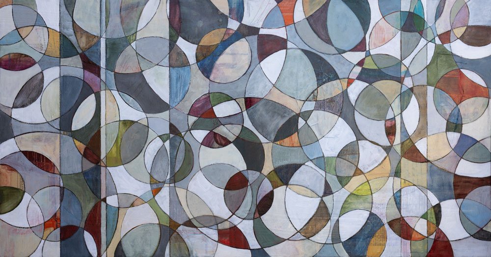 "Pattinatore," Acrylic, beeswax and collage on cradled wood panel, 24 x 46 inches