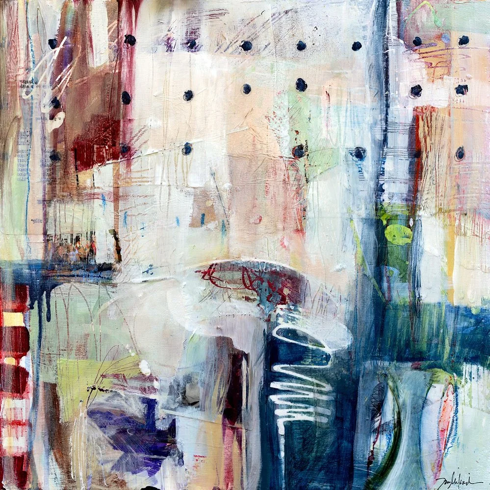 "La Di Da," Acrylic, beeswax and collage on panel, 18 x 18 inches, sold