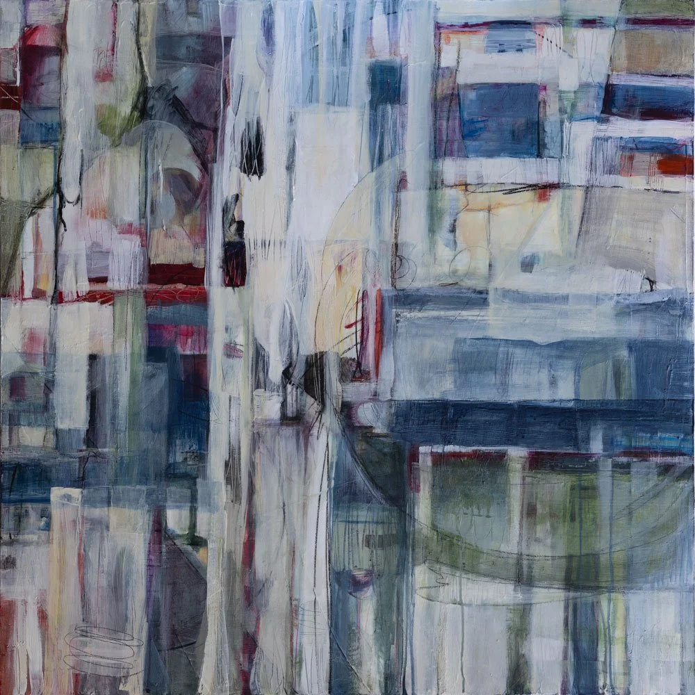 "Volte," Acrylic, beeswax and collage on cradled wood panel, 36 x 36 inches